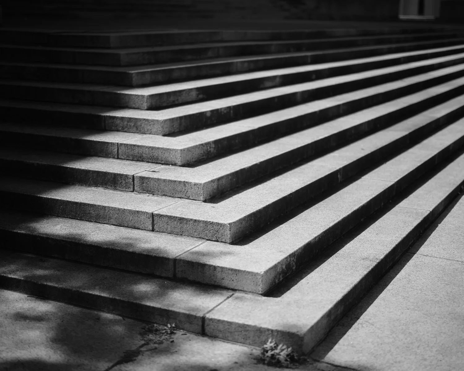 Black and white photo of a set of outdoor stairs with multiple steps, ascending at an angle.