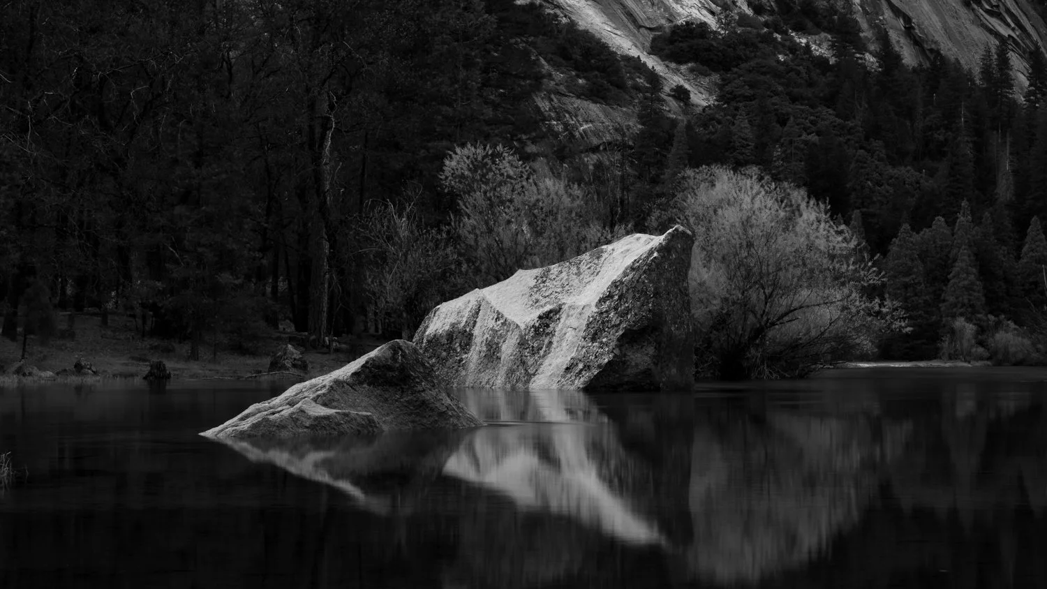 A large rock formation partially submerged in a calm body of water surrounded by trees, reflected on the water's surface, in black and white.