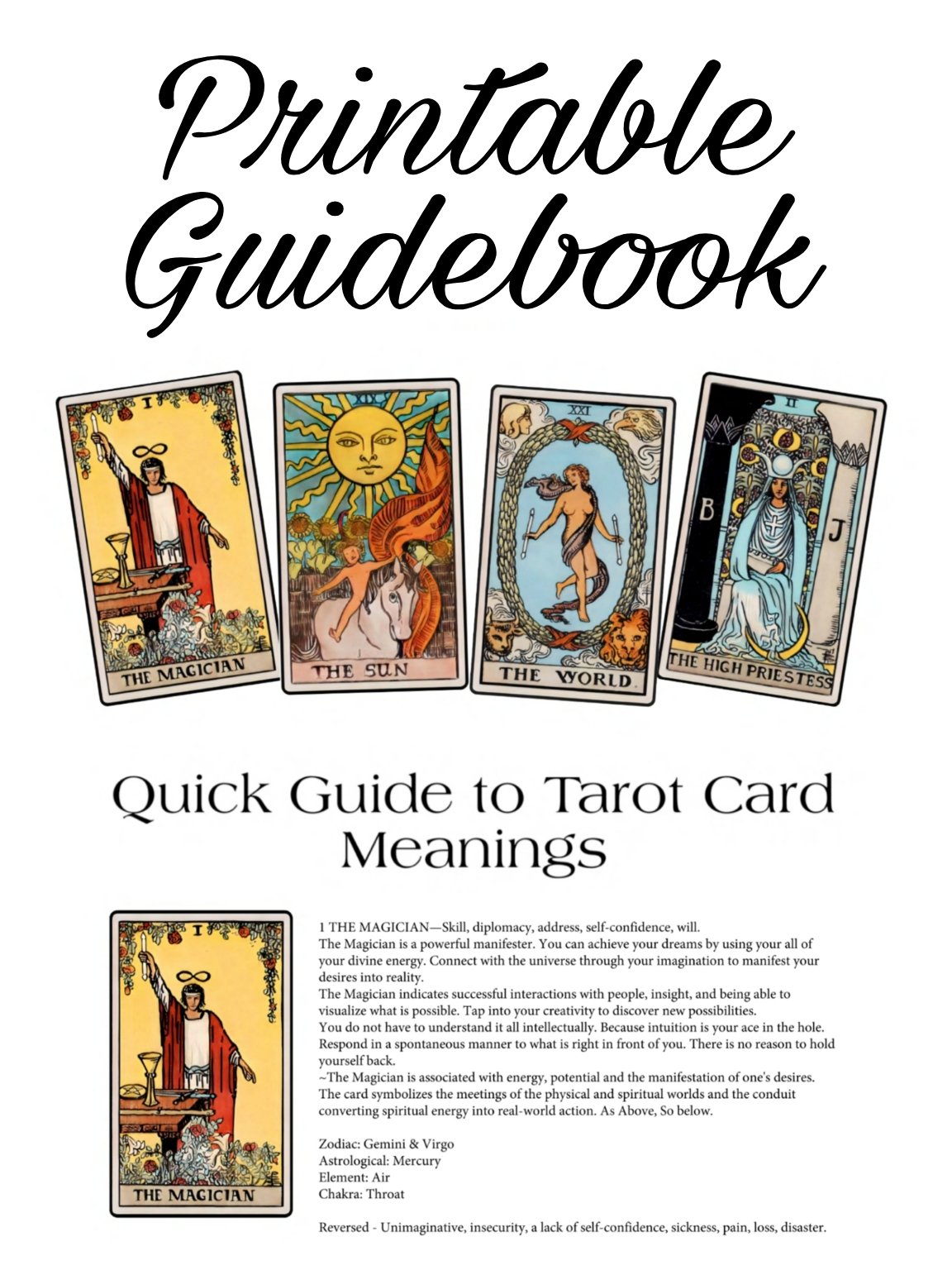 Beginner Tarot Cheat Sheet All in One Page, Tarot Keywords Mini