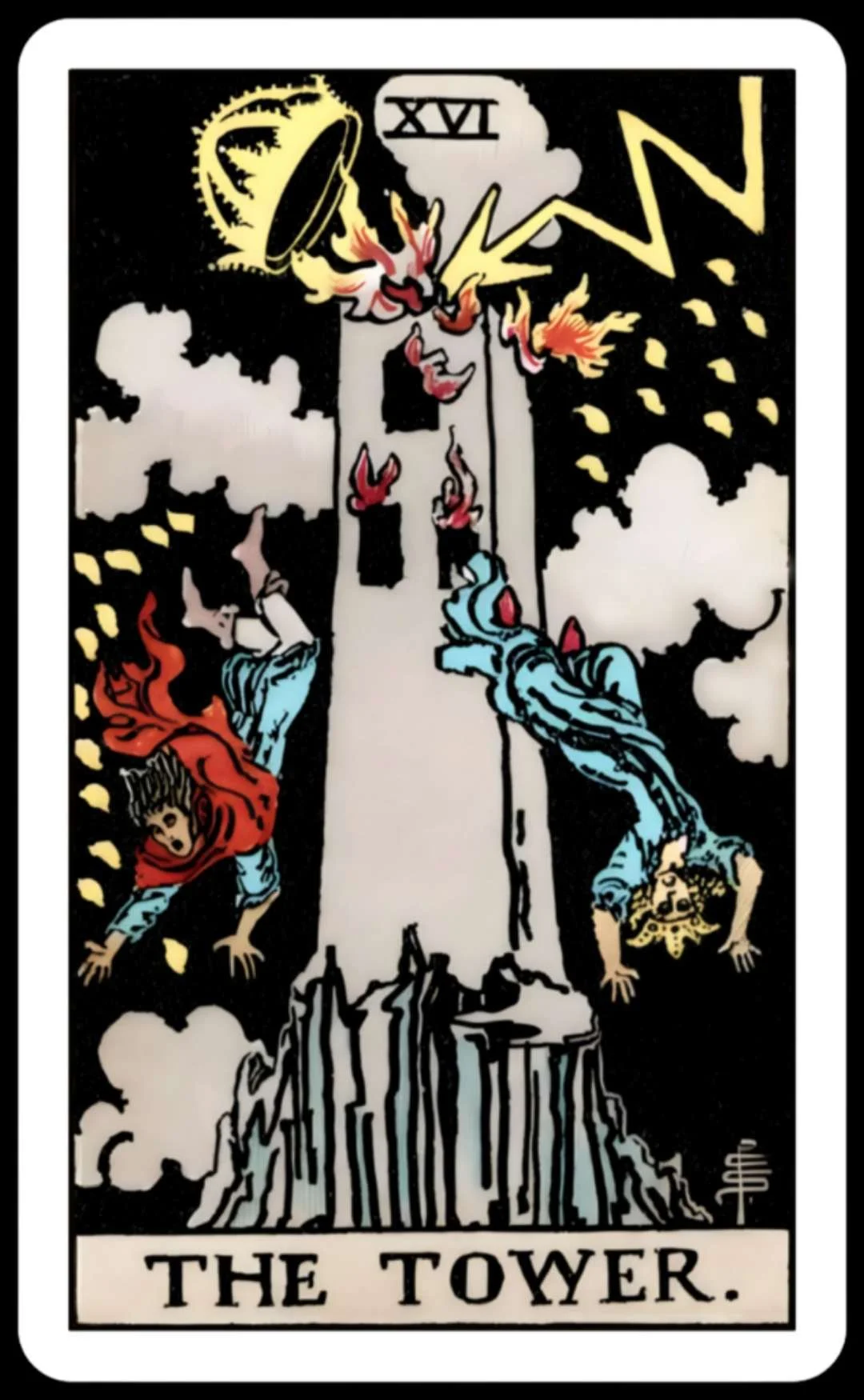 The Tower Tarot card with lightning striking a crumbling tower