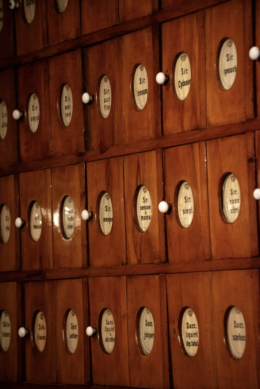 Wooden apothecary cabinet with multiple small drawers, each labeled with medicinal herbs or ingredients, with small round white knobs.