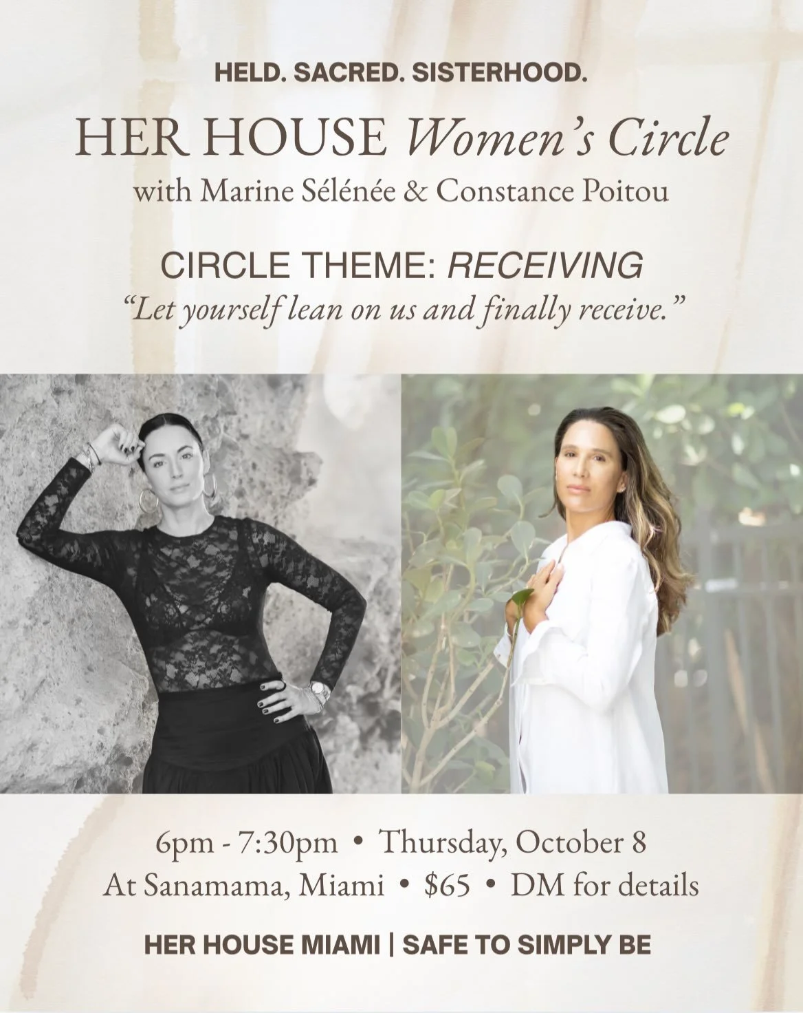 Join Marine &amp; Constance for Her House Circle at Sanamama&mdash;a cocoon-like space energized by beautiful crystals and vibrations. Through sound bath, meditation, hypnosis, family constellations, crystal energy, oracle decks, and sisterhood, let 