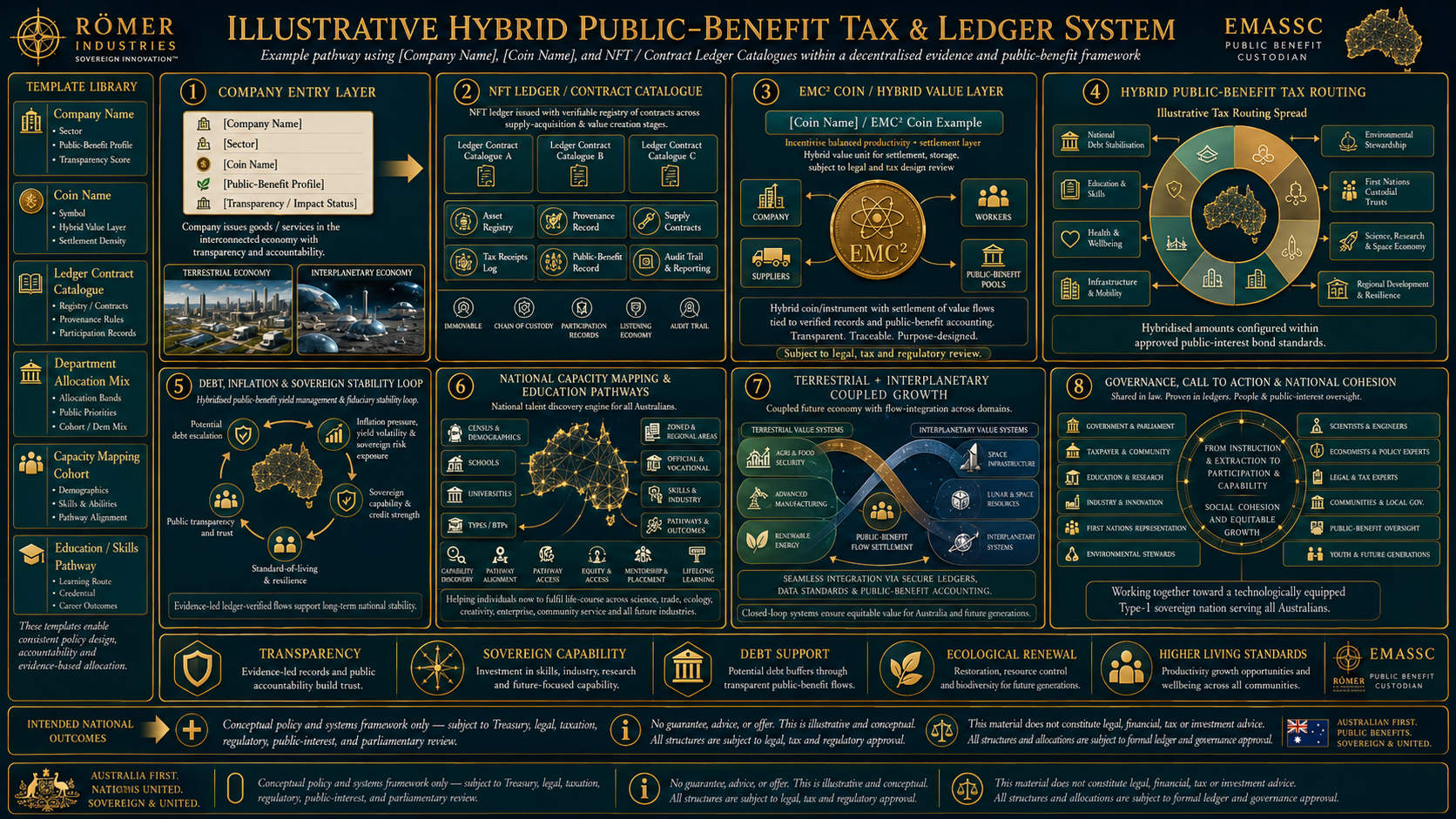 'Hybrid Public-Benefit Tax & Ledger System' explains a blockchain-based, hybrid public-benefit economic framework. It is segmented into multiple sections detailing company entry layer, NFT ledger, EMC coin, tax routing, economic mapping, international pathways, and governance, systems, standards, and pathways for sustainable development.