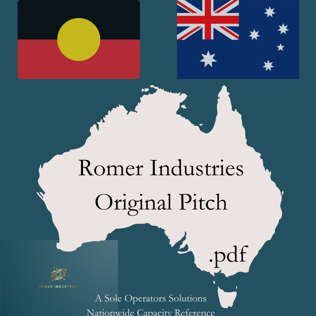 Map of Australia with two flags: Aboriginal flag and Australian flag, along with text indicating 'Romer Industries Original Pitch.pdf' and company details.