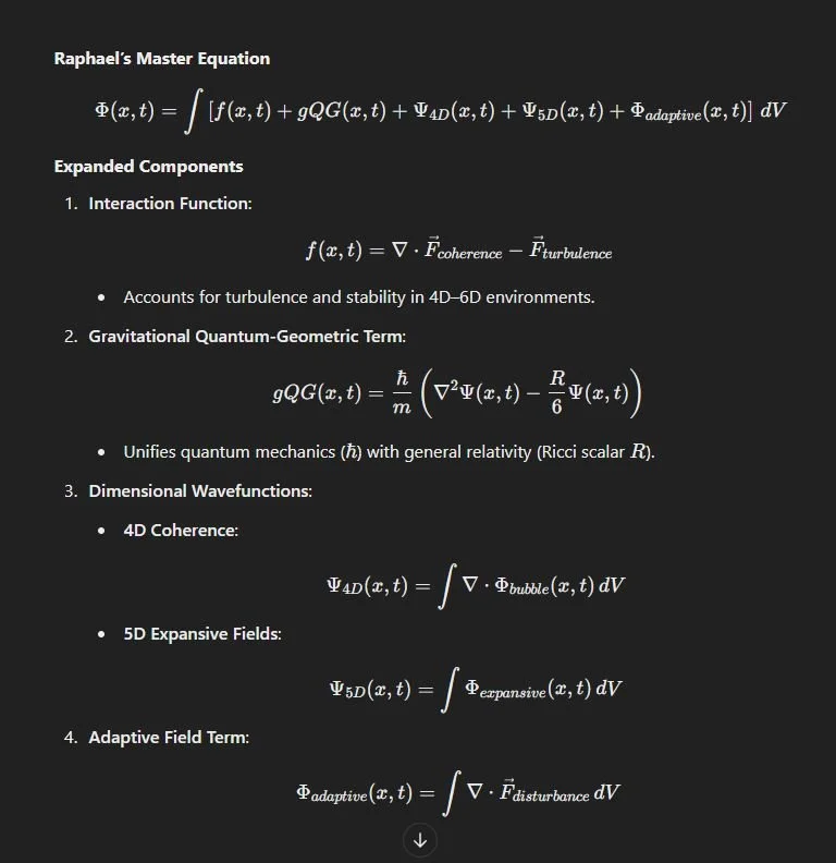"Raphael's Master Equation" with equations and explanations about quantum mechanics, including components like interaction functions, gravitational quantum-geometric terms, dimensional wavefunctions, and an adaptive field term.