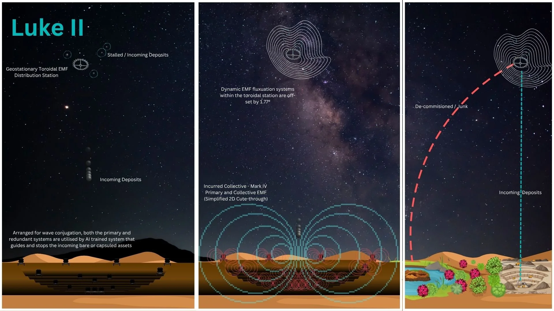 Diagram titled 'Luke II' illustrating electromagnetic field (EMF) system for incoming mined asteroid deposits, decommissioned satelites & 'space junk'. Uses EMF to slow and -redirect, for safe re-entry at optimised fall rate, spin and timing.