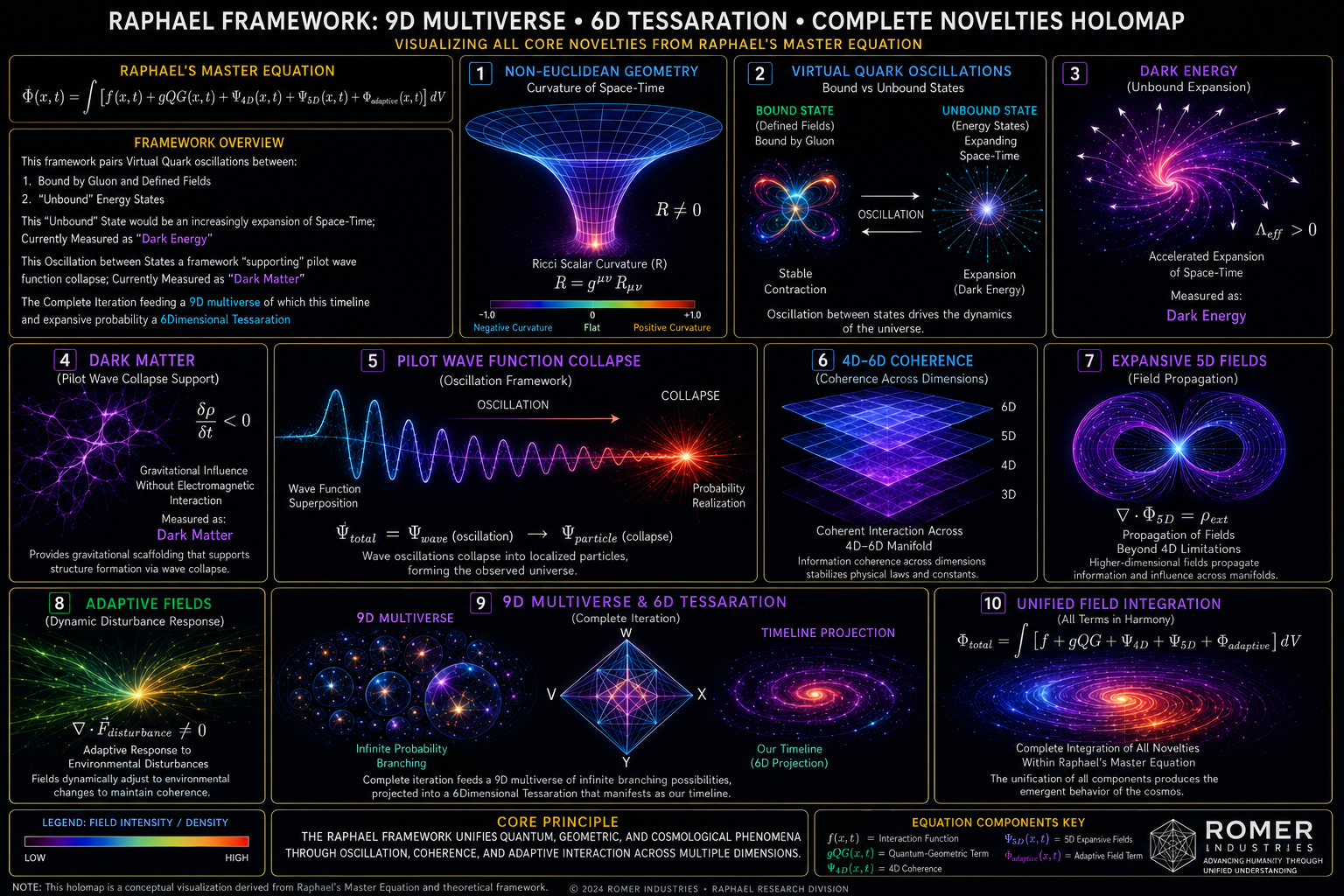 Raphael Framework: 9D Multiverse, 6D Tesseration, complete with sections on core principles, equation components, and various interconnected dimensions like non-Euclidean geometry, virtual quark oscillations, dark energy and matter, pilot wave collapse, coherent cross dimensions, expansive fields, adaptive fields, and the 9D multiverse, with visualizations and color-coded explanations to unify quantum, geometric, and cosmological phenomena.