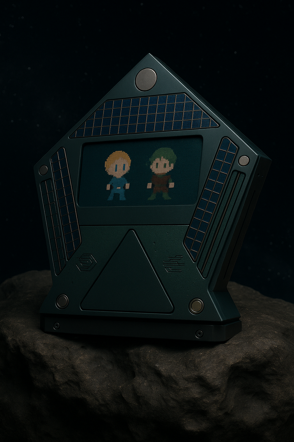 A futuristic handheld gaming device with a pixel art display showing two characters on a starry background, placed on a rocky surface in space.