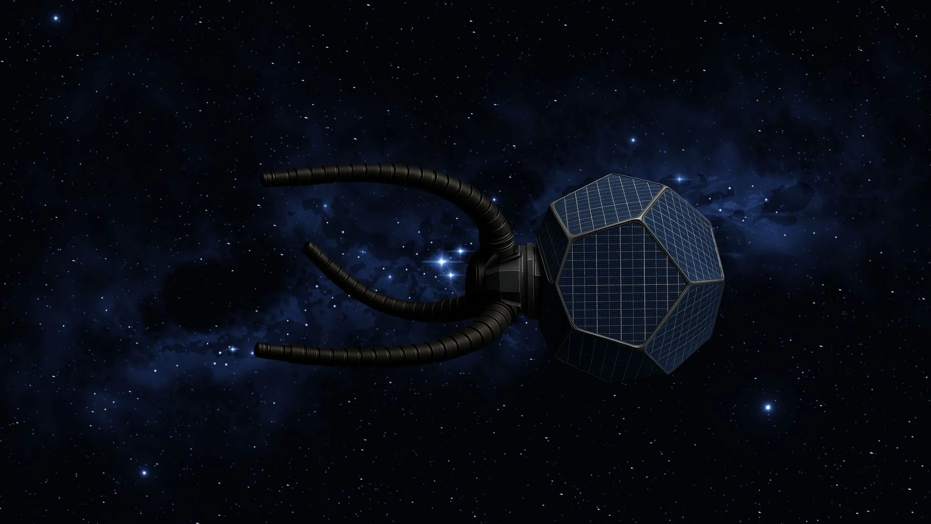 MarkIII satellite with solarhull interpreted as pannels for viewer ease of understanding, afloating in space against a backdrop of stars and galaxy in situ to mine some asteroids.simplerender