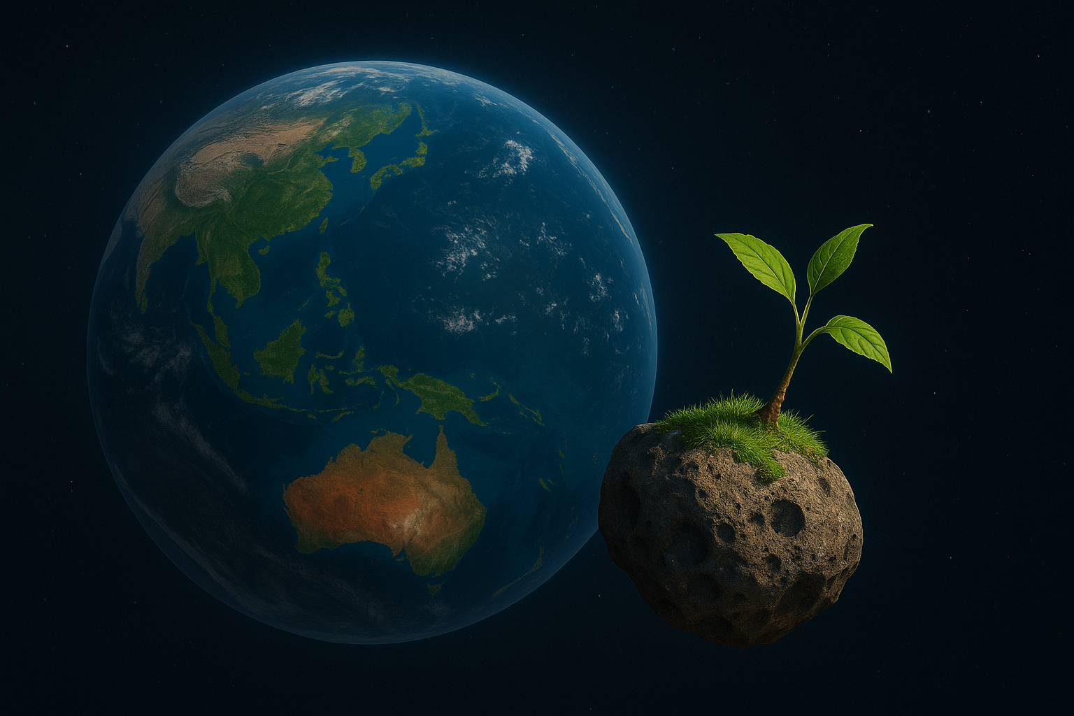 A digital illustration of the Earth in space with a small plant growing on a rock, symbolizing environmental growth and sustainability.