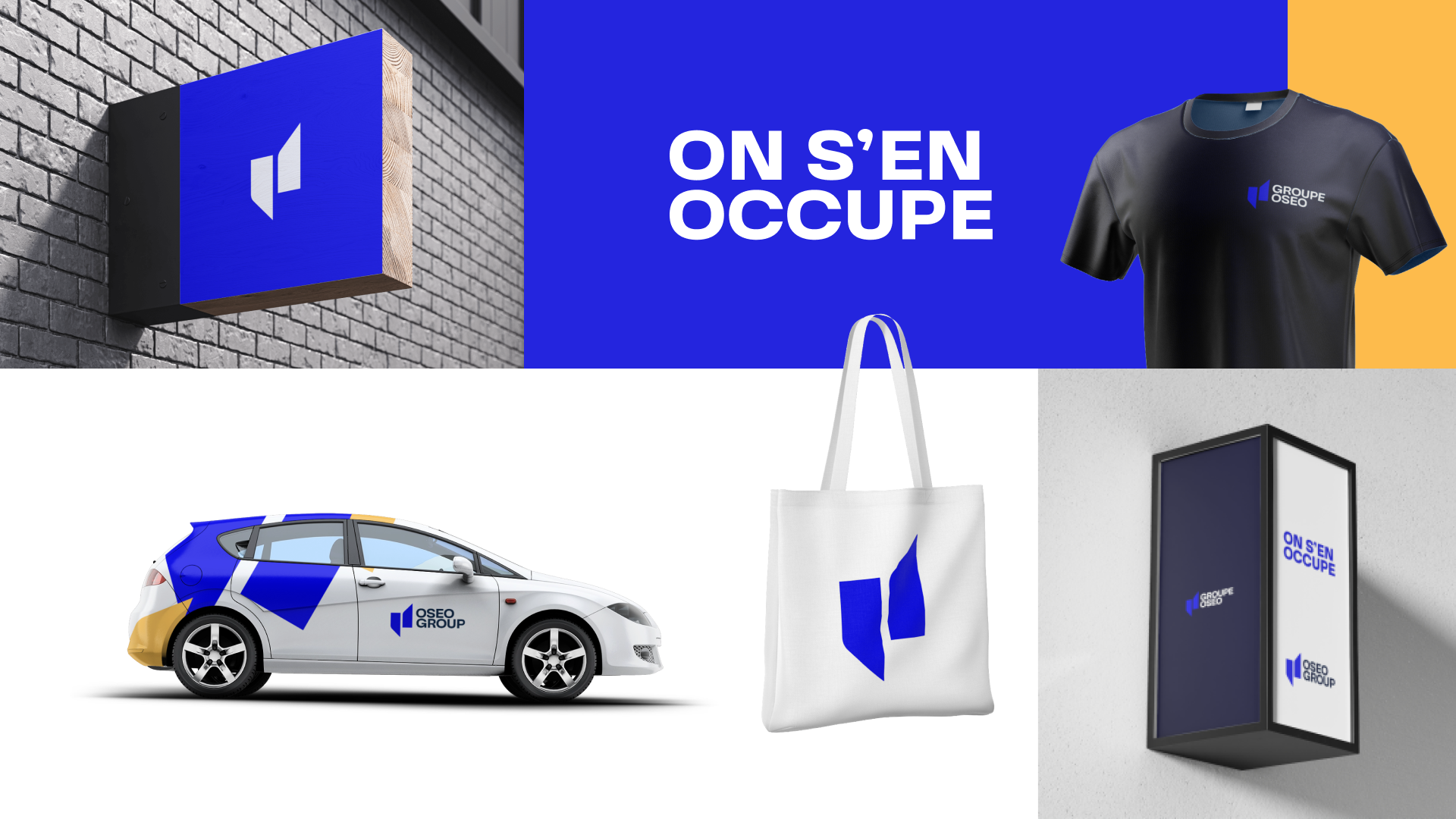 A collection of branded merchandise and signage for the Oseo Group. Features include a wall-mounted logo sign, a promotional t-shirt, an illustrated car with the Oseo Group logo, a tote bag with the logo, and a display case with branding. The overall