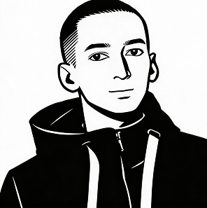 Close-up of a young person with dark curly hair smiling, with a plain light-colored background.