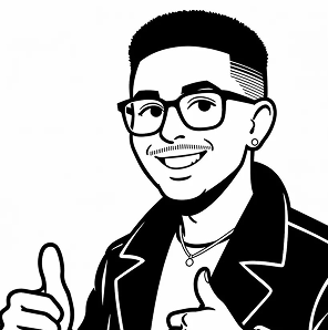 A digitally illustrated person with large eyes, full lips, thick eyebrows, and curly black hair, smiling with a slight gap between the teeth.