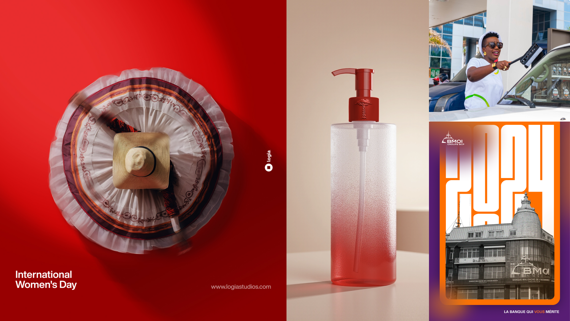 Collage with three images celebrating International Women's Day: top-view of a traditional woman's hat with a straw hat on it against a red background, a white and red soap dispenser, and a woman smiling and using a squeegee on a car with an orange a