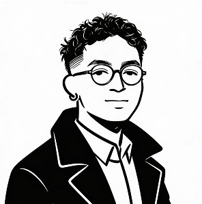 Young man with short black hair, glasses, and a smile, wearing a dark hoodie.