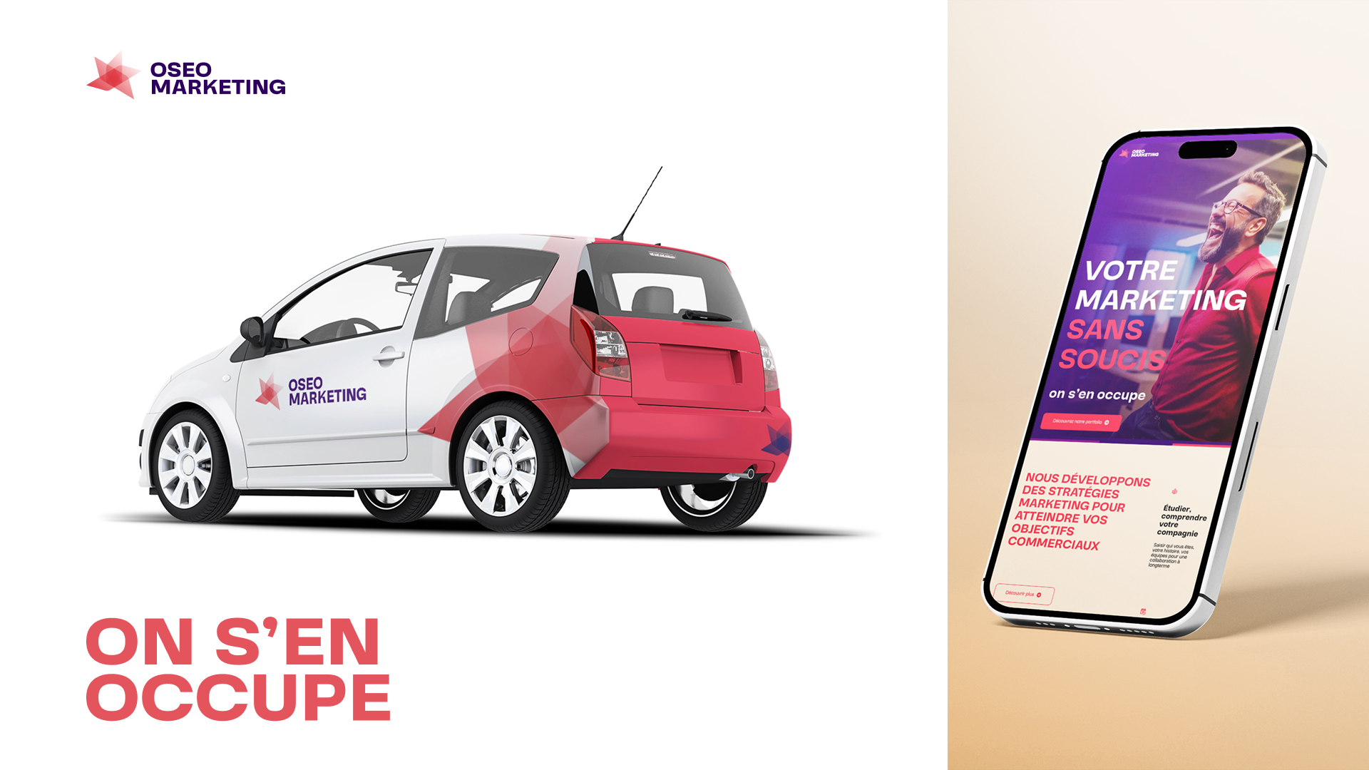 A white compact car with purple and pink branding that reads "OSEO MARKETING." The car has a pink geometric design on the back and sides. Next to the car is a modern smartphone displaying marketing content with the same branding, including a cheerful
