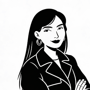 Close-up of a cartoon woman with brown hair, glasses, and a friendly expression, set against a blurred background.