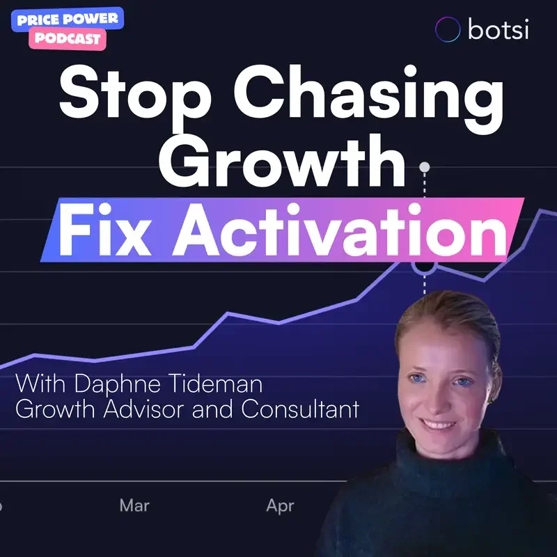 Podcast cover titled 'Stop Chasing Growth, Fix Activation' with Daphne Tideman, a growth advisor and consultant, and the logos for Price Power Podcast and Botsi.