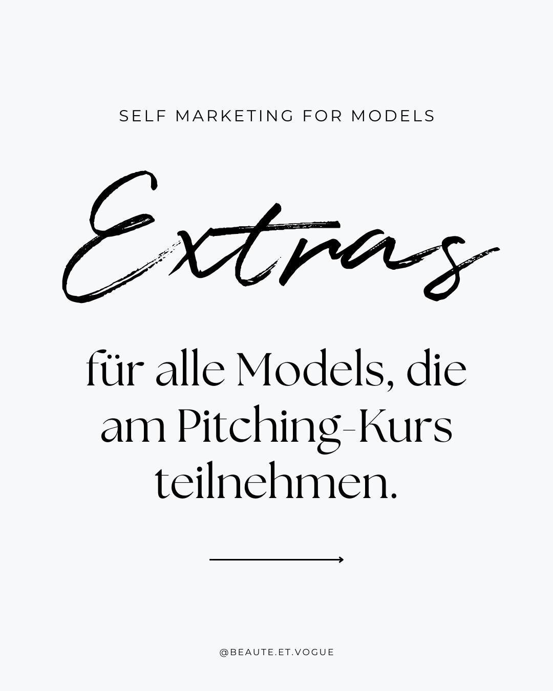 Diese und weitere Extras hast du, wenn du &quot;Pitching Blueprint for Models&quot; buchst. 💯💕

Portfolio- und Sedcard-Vorlagen usw. geben dir den schnellen Start ins Pitching, damit du mit deiner E-Mail-Selbstvermarktung als Model sofort loslegen 