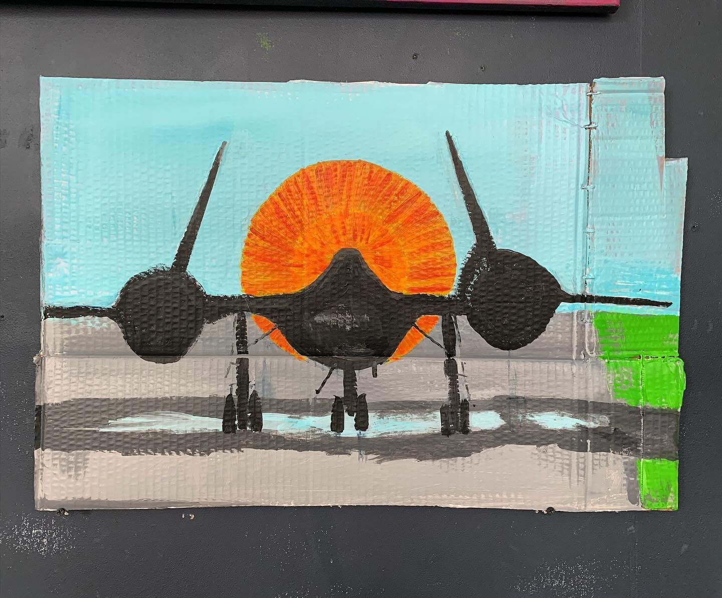 Prep study for part of a large painting. The SR-71 was known as the Blackbird because of the special Matt black paint. It was a spy plane. Perhaps Anish Kapoor will lend me some of his special black for the painting, which might be the same stuff?  W