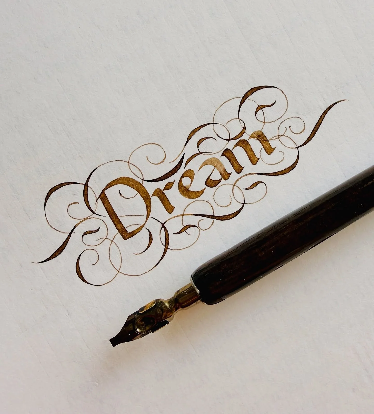 DREAM !
Joining the challenge for @callivember Day 14
.
Walnut Ink and Roundhand Nibs by @manuscriptpenco 
.
@calligraphymasters #callivember2025 #callivember #calligraphymasters #calligraphy #calligrapher #dream #callivembercontinues
