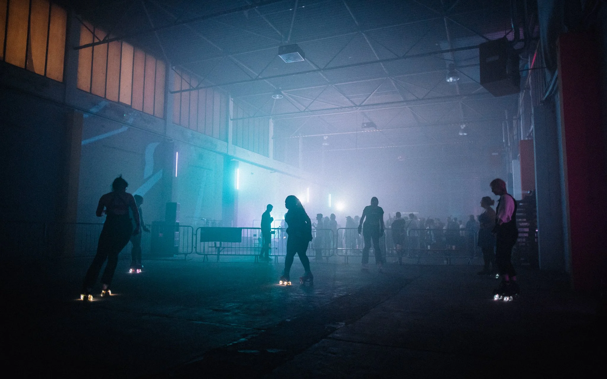  girls with light up, rollerskates at Test bed leeds