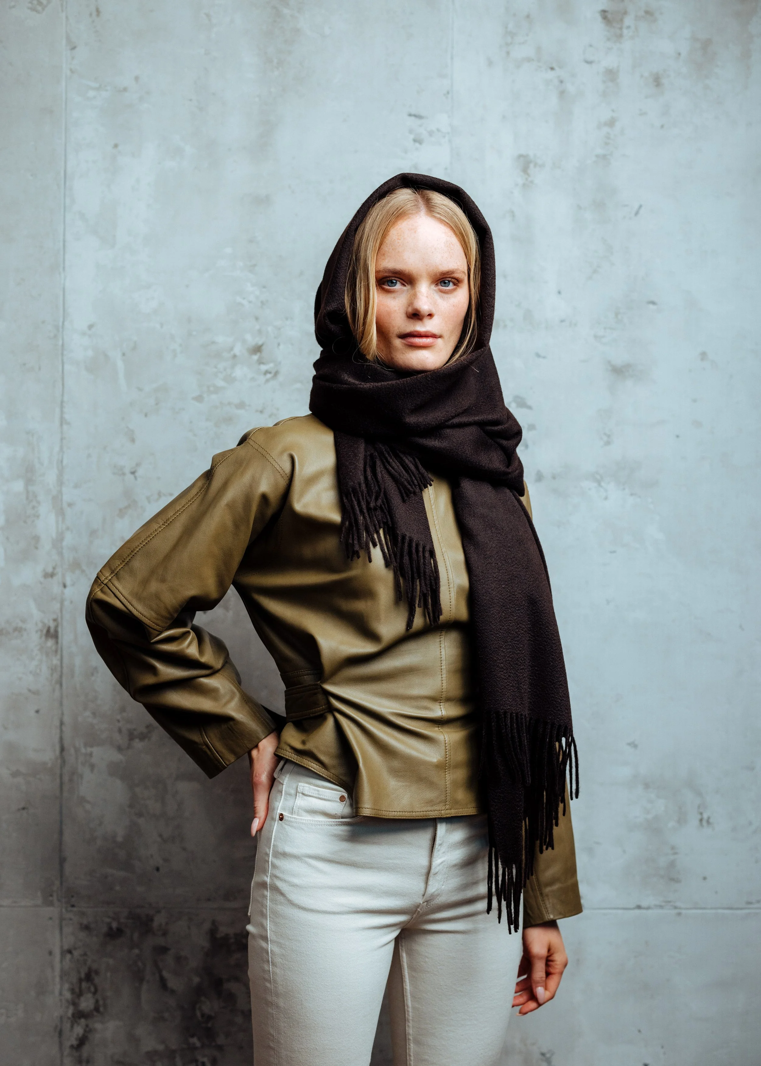  fashion photography, girl poses in black scarf, as hood.