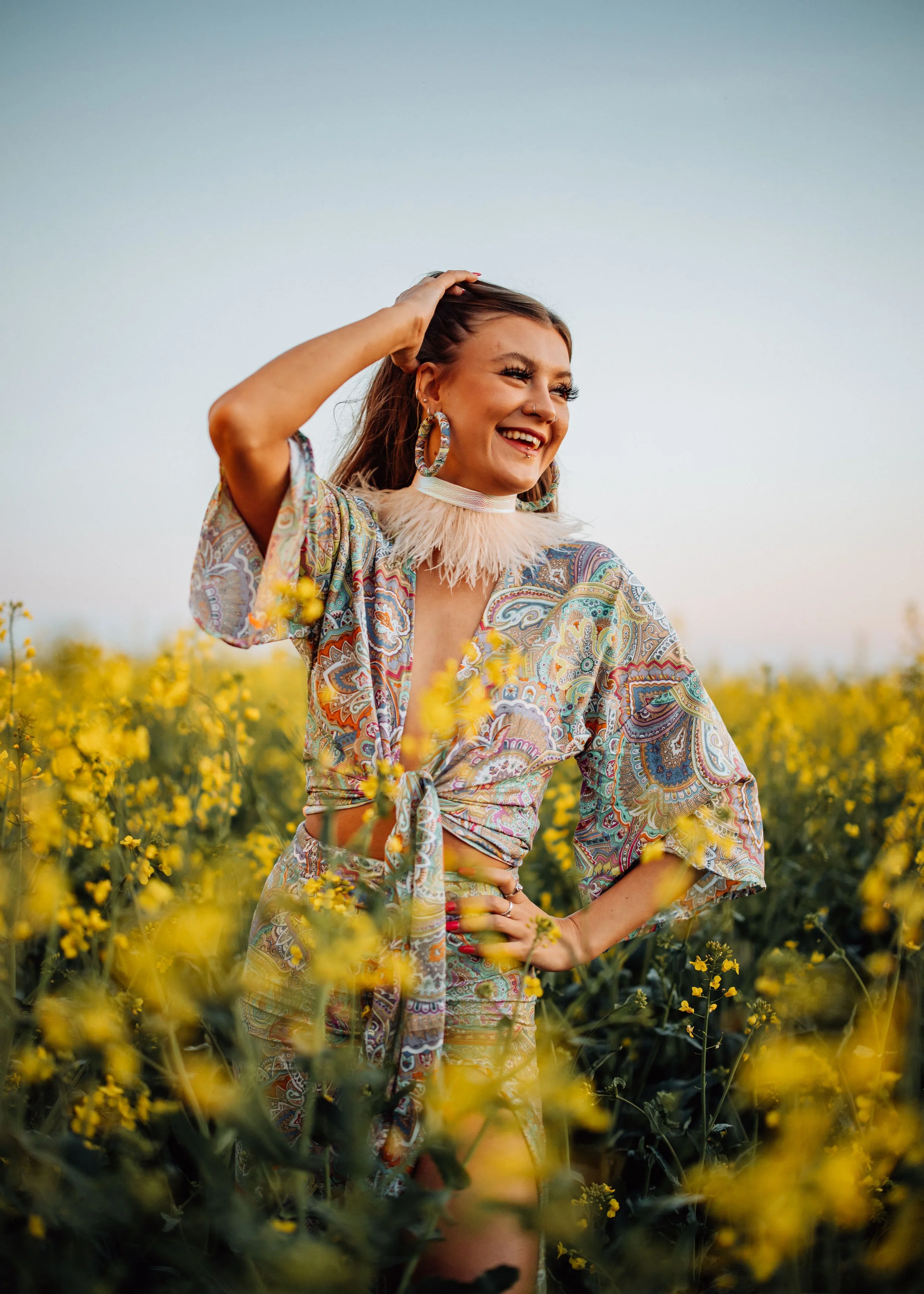  poses in the field of yellow flowers