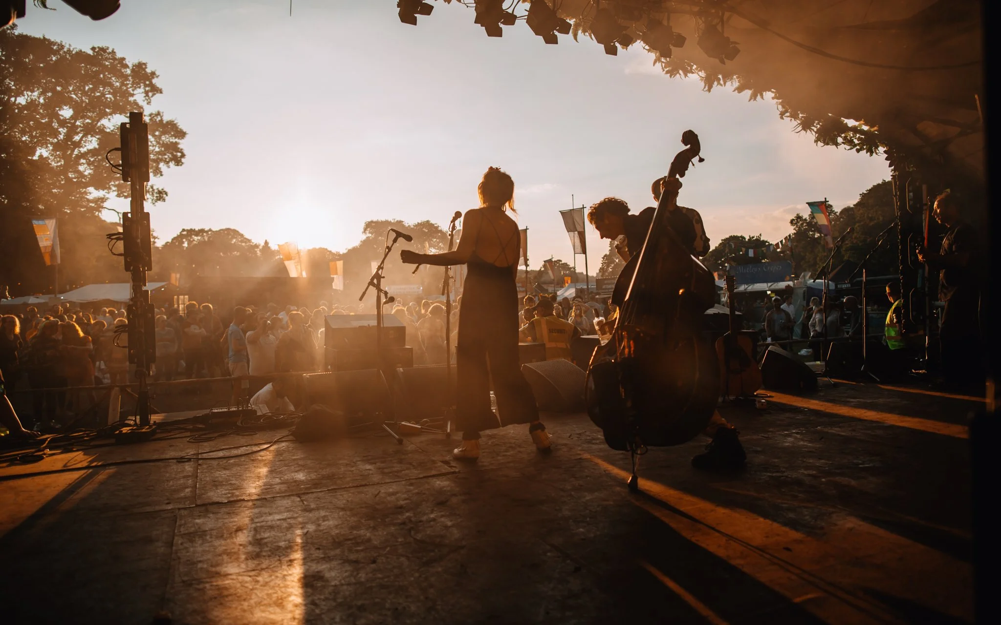 A band playing the sunset at Eden festival, Scotland