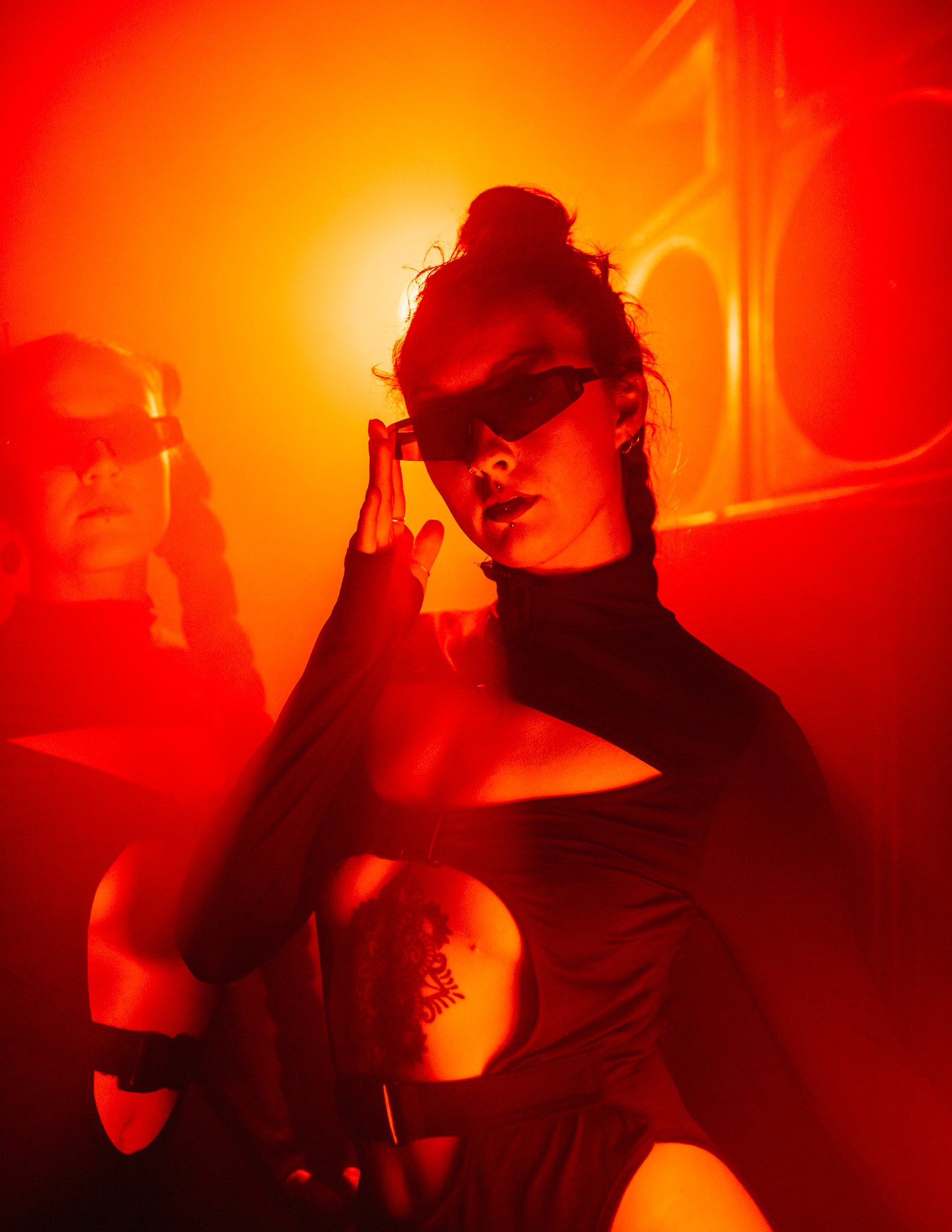  girl with sunglasses, red light