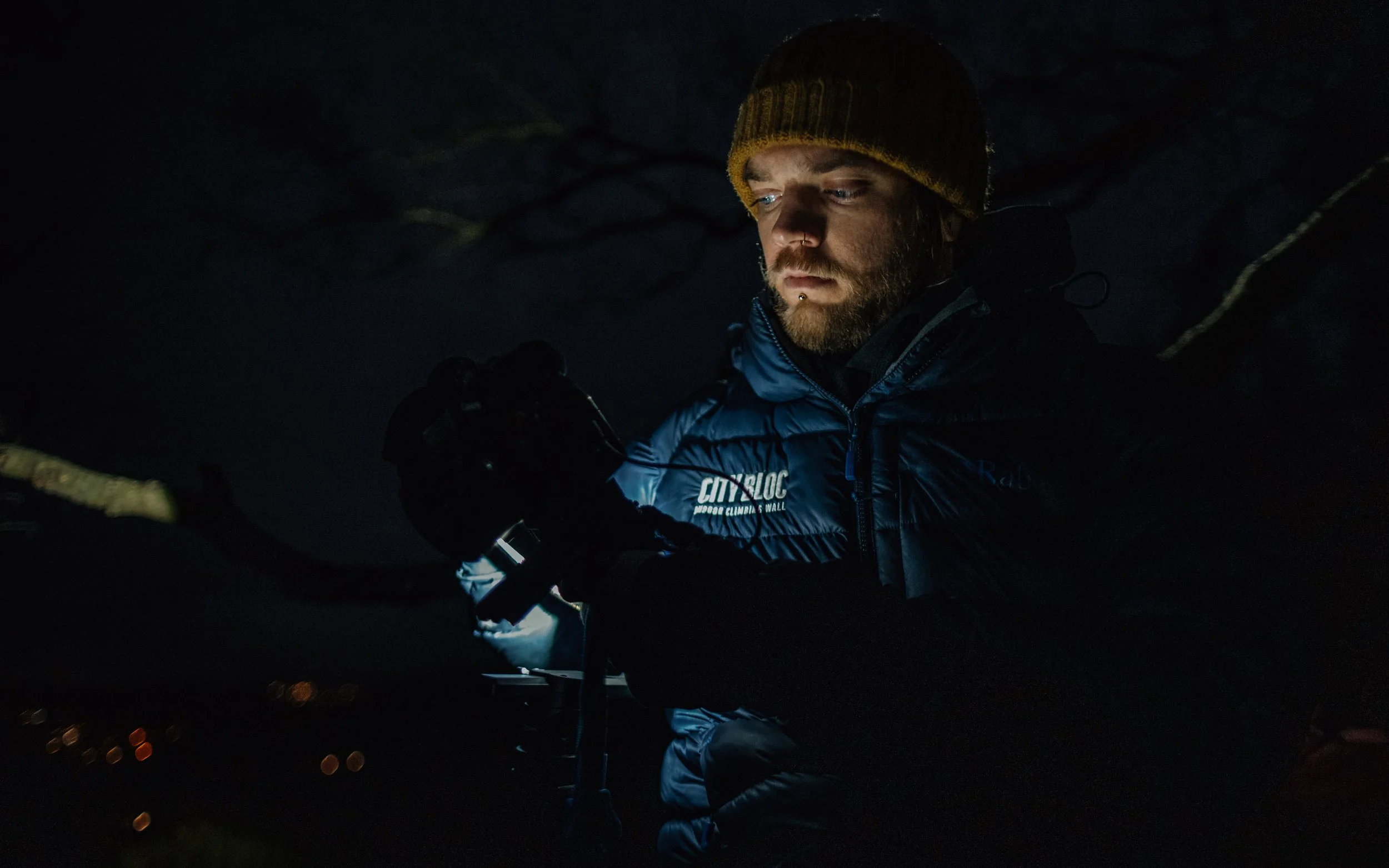  Portrait of filmmaker working in the dark
