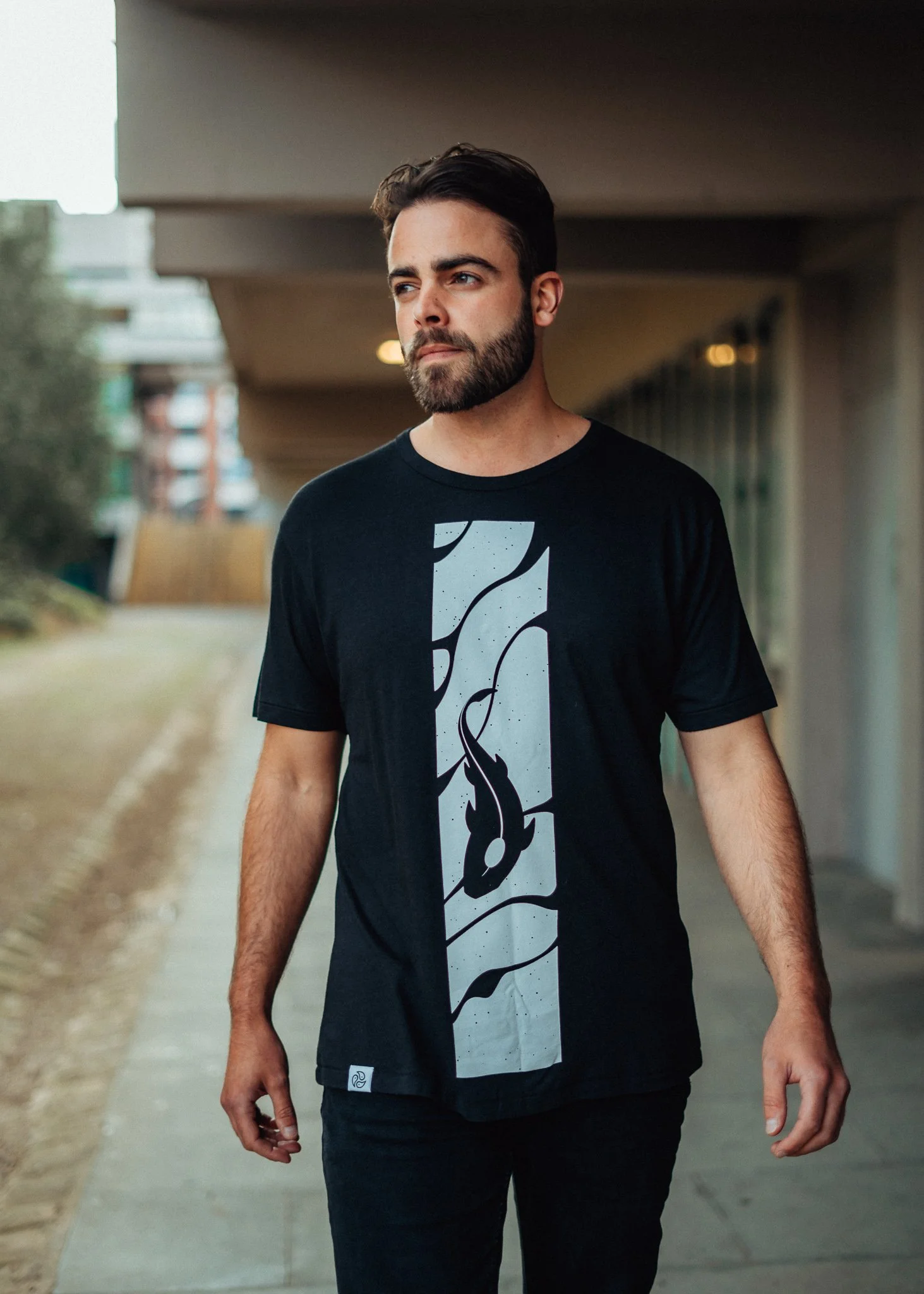  male model poses in carp T-shirt by tomoto
