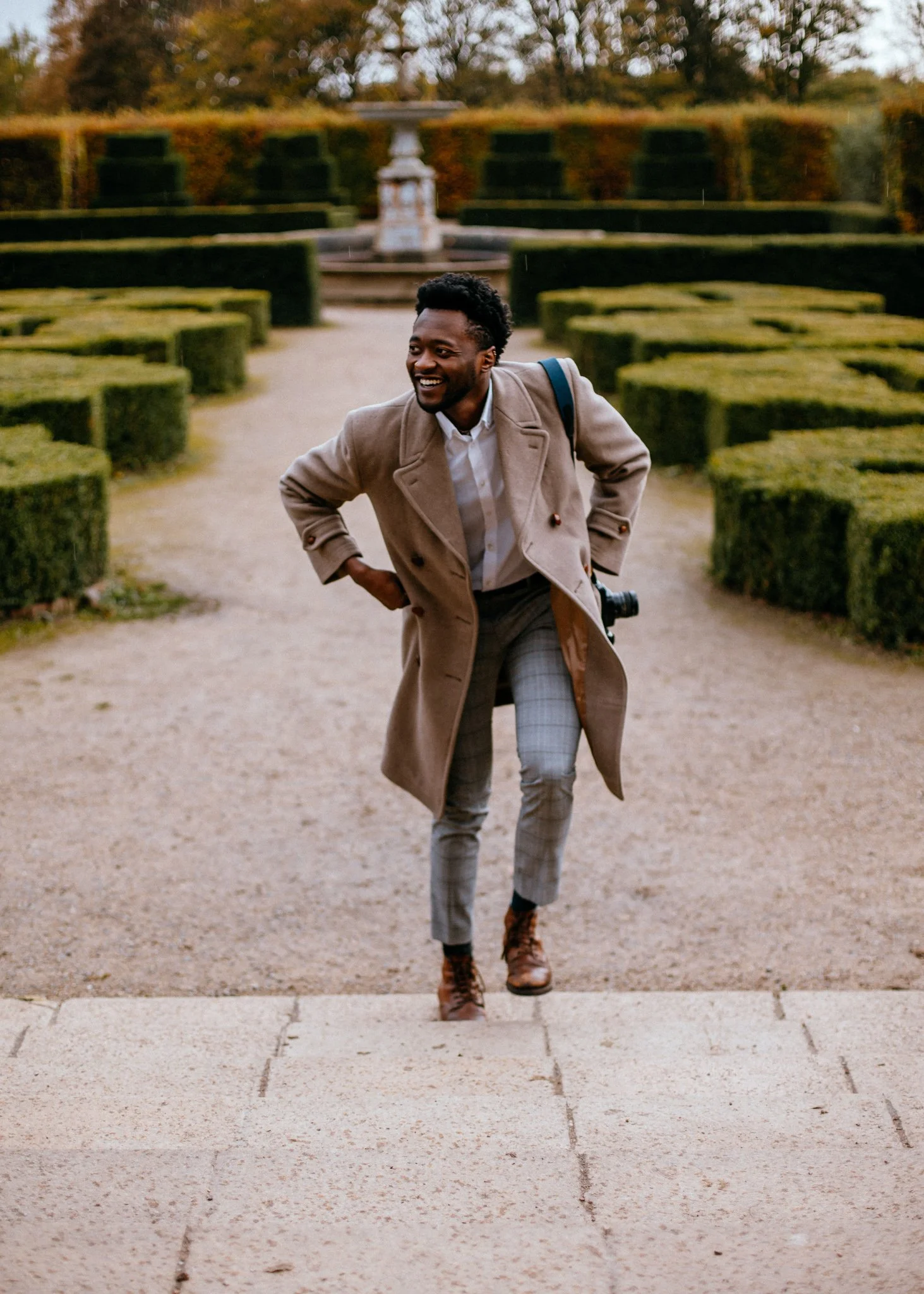  man, walks up, steps in coat