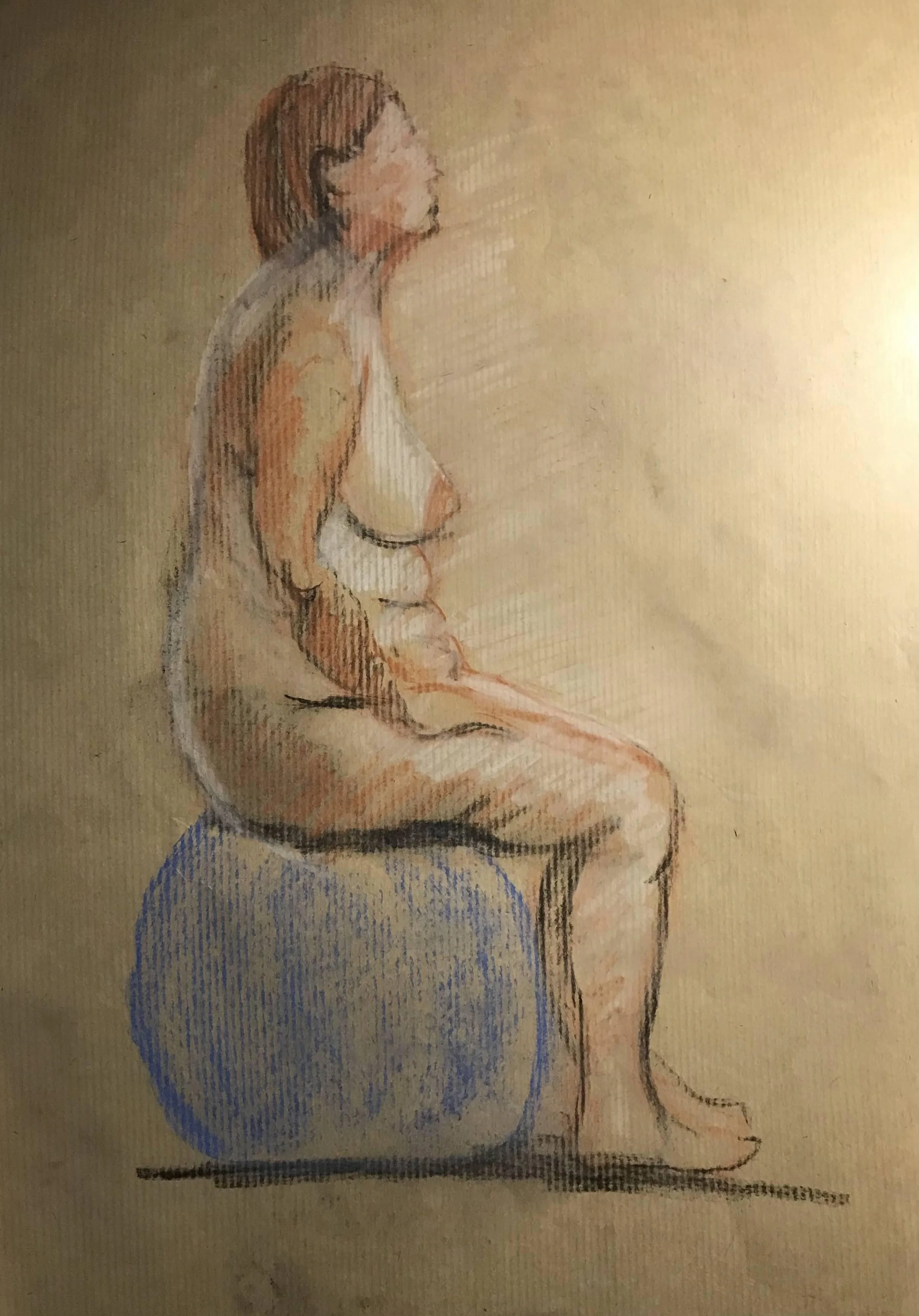 "Woman seated on blue pouffe." Available for sale. 40€