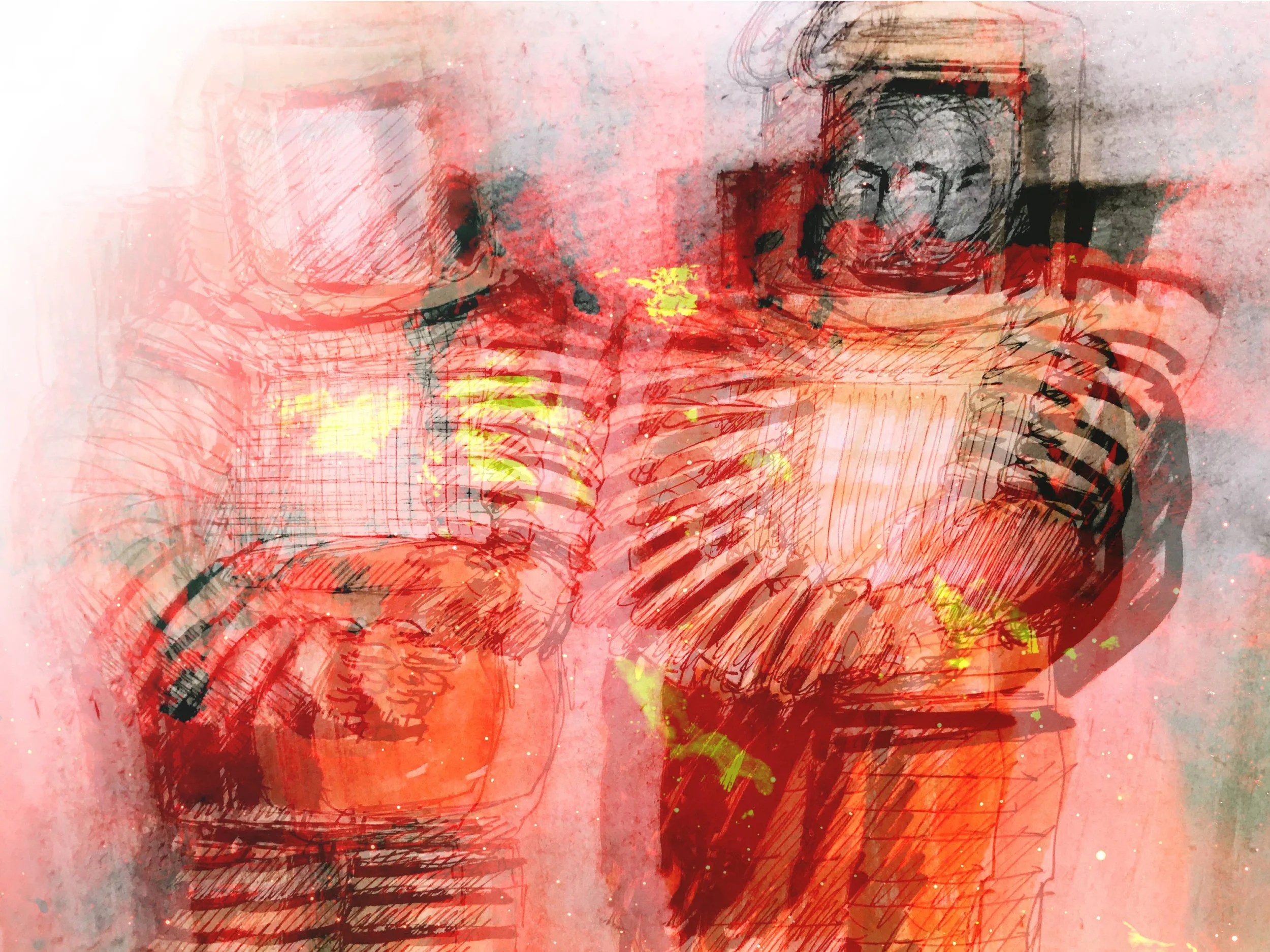 "Radioactive" 2018. Ink, watercolour/Encre, aquarelle, Digital remix/Remix numérique. Not available for sale.