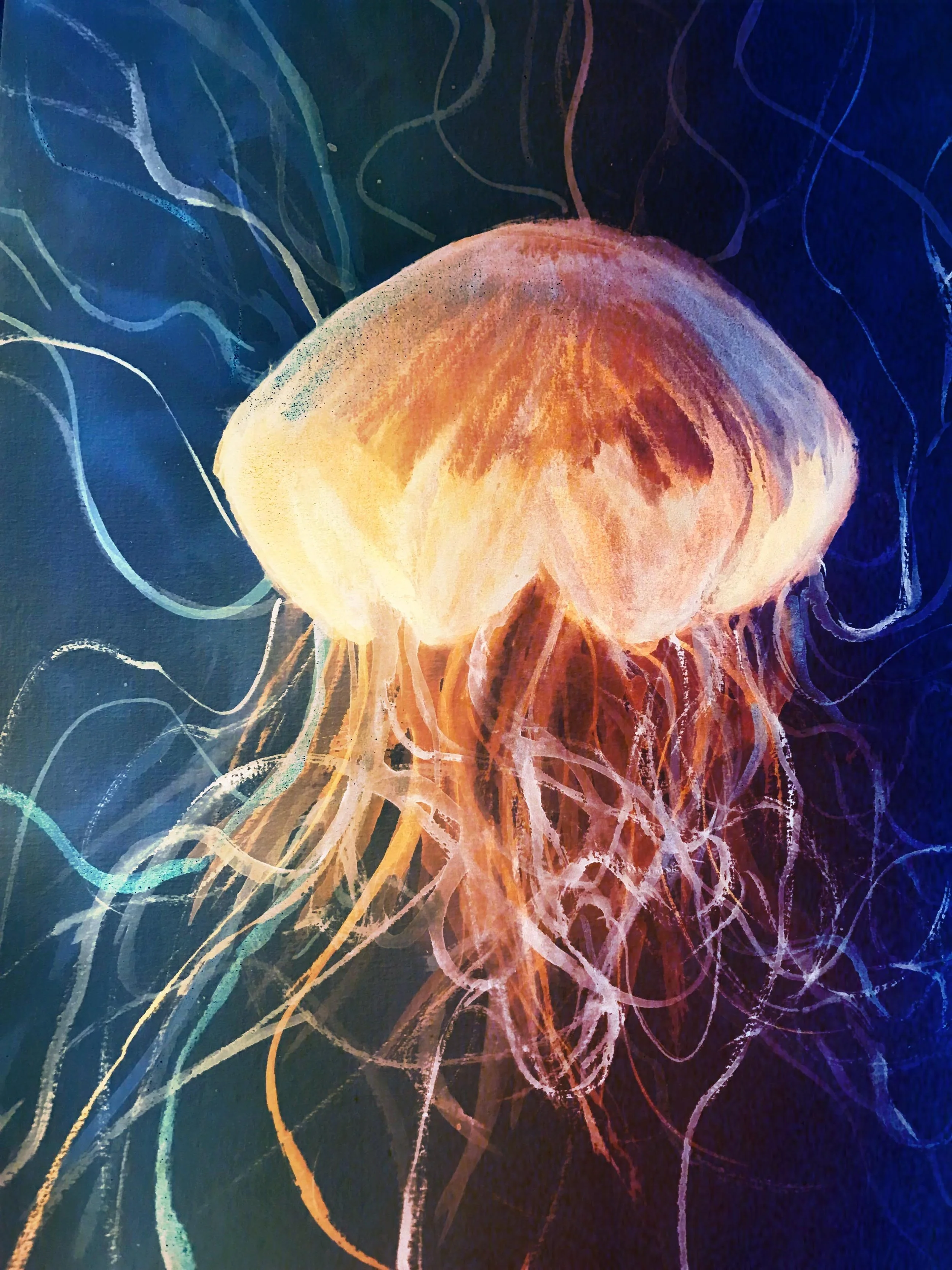 "Jellyfish II" 2021. Digital remix of a watercolour painting/remix numérique d'une peinture numérique. Original painting/peinture originelle 21 x 29.7 cm or 8 1/4 x 11 3/4 inches. 

Limited edition prints available on request.