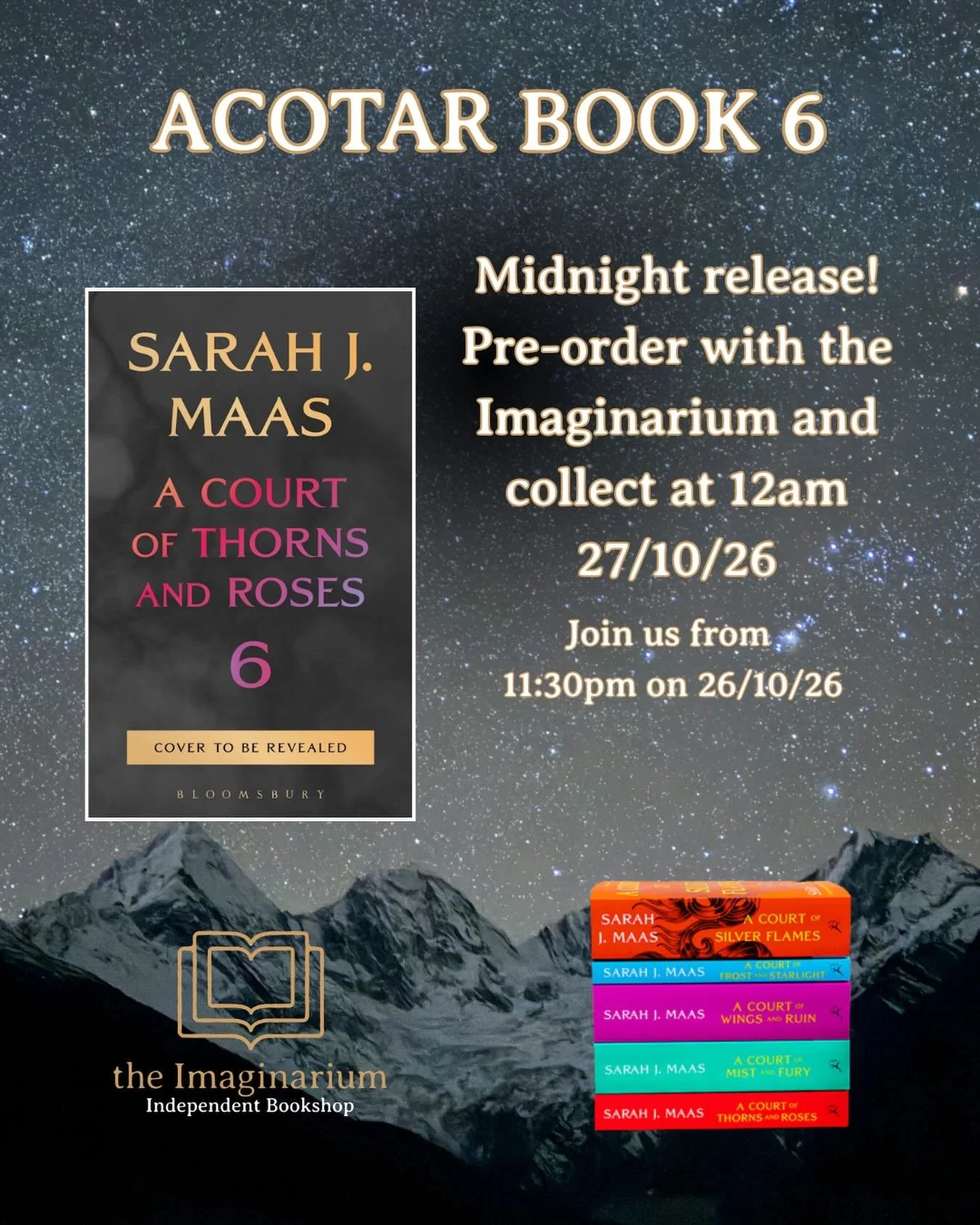 We&rsquo;re doing a MIDNIGHT RELEASE of ACOTAR 6 ✨

Pre-order with us (product tagged) and collect your book as soon as it&rsquo;s released - 12am on 27/10/26! 

Want to have your copy delivered? No worries, we ship internationally. All you need to d