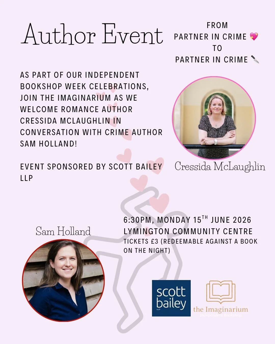 📚𝔸𝕦𝕥𝕙𝕠𝕣 𝕖𝕧𝕖𝕟𝕥📚

Cressida McLaughlin &amp; Sam Holland in Conversation.

As part of our INDEPENDENT BOOKSHOP WEEK celebrations, join the Imaginarium (sponsored by Scott Bailey LLP) as we welcome Romance author Cressida McLaughlin in conve