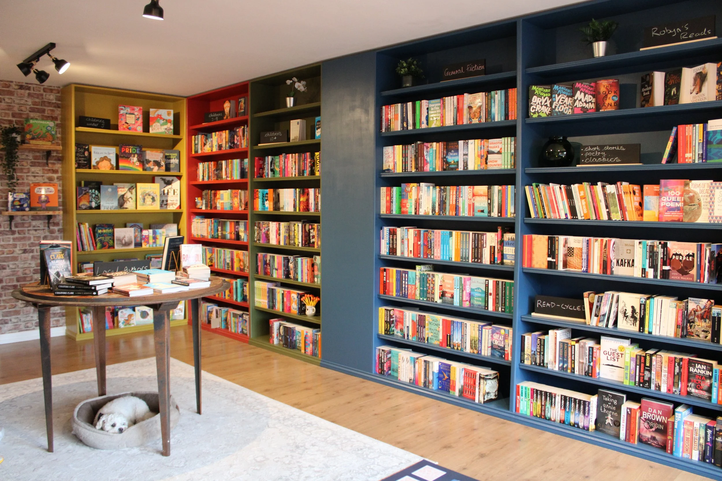 A cozy bookstore with colorful bookshelves, a table displaying books, and a small white dog sleeping in a circular bed underneath the table on a white rug.