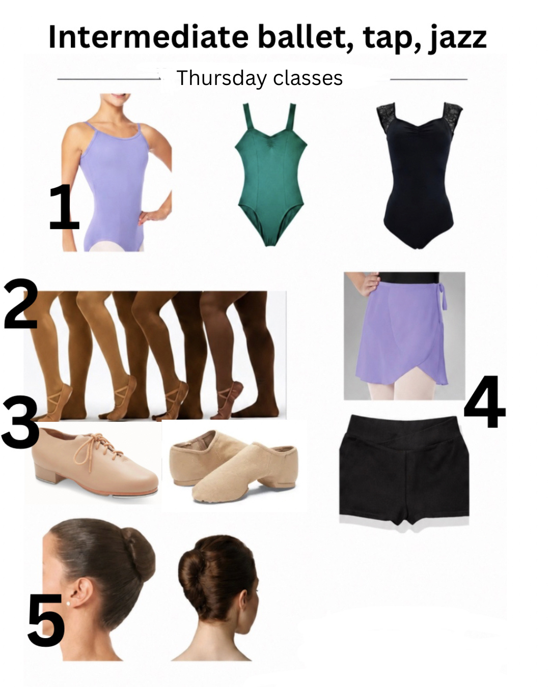 Advertisement for intermediate to advanced ballet classes, displaying ballet leotards, tights, dance shoes, skirts, shorts, and hairstyles suitable for ballet, with a note about purchase locations.