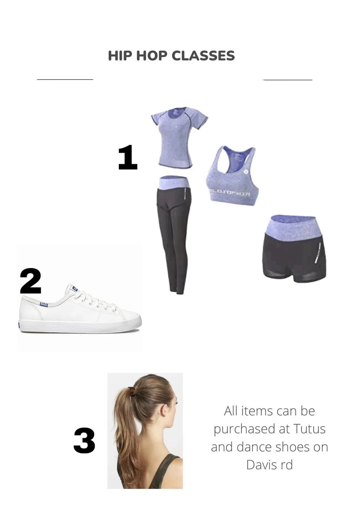 Poster advertising hip hop dance classes on Monday and Thursday with images of a woman in workout clothes, white sneakers, and a woman with a ponytail, with text indicating items are available at Tutus and dance shoes on Davis Road.