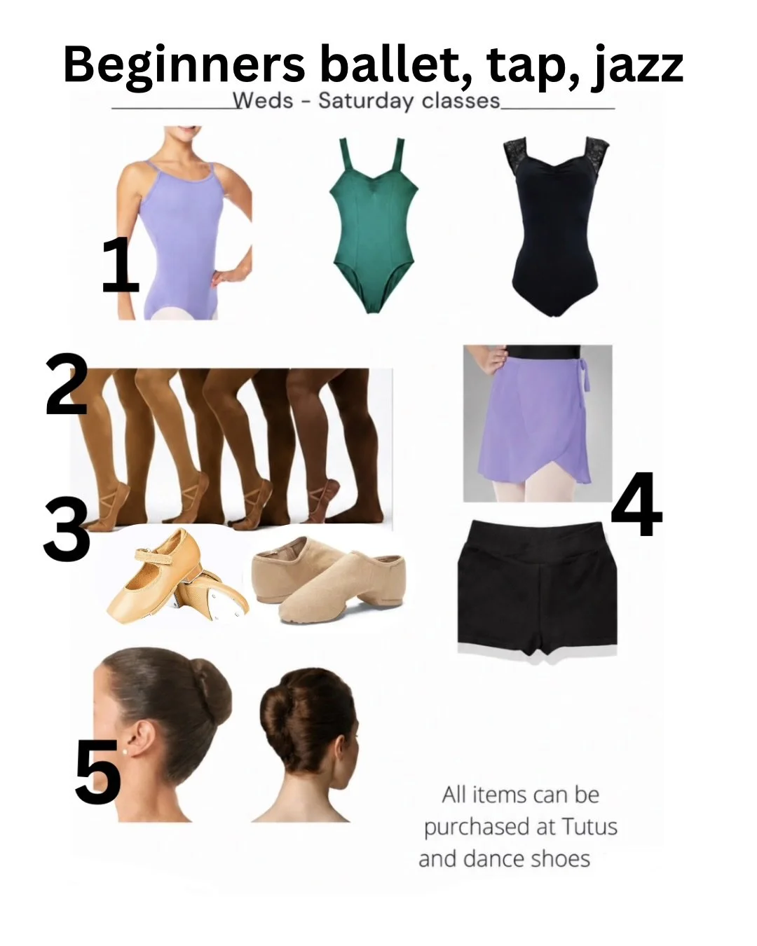 Dance class advertisement featuring ballet, jazz, and tap classes with images of a girl in a pastel purple leotard, green and black leotards, a purple ballet skirt, dance shoes, tap shoes, ballet slippers, and hairstyles.