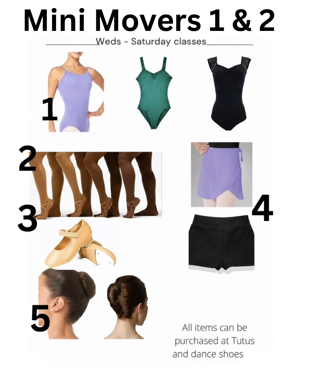 An advertisement for mini dance move costumes and accessories, including a leotard, skirts, tights, tap shoes, gaiter booties, and dance shoes, with descriptions and images of each item.