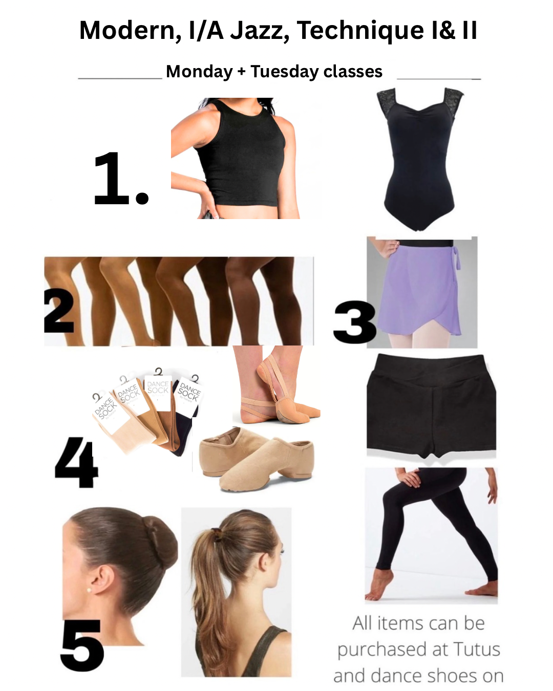 A dance class advertisement featuring various dance apparel and accessories, including leotards, tights, skirts, shorts, dance shoes, hair styles, and leggings. The text indicates it is for an advanced modern/contemporary dance class on Tuesdays, with all items available at Tutus and dance shoes on Davis Road.
