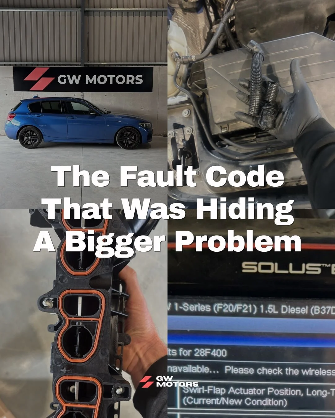BMW 1 Series came in with a drivetrain warning light.

Ran diagnostics, found a swirl flap actuator fault. Tested it &mdash; motor was burnt out.

Took the manifold off while we were in there. Found heavy carbon buildup in the manifold and inlet port