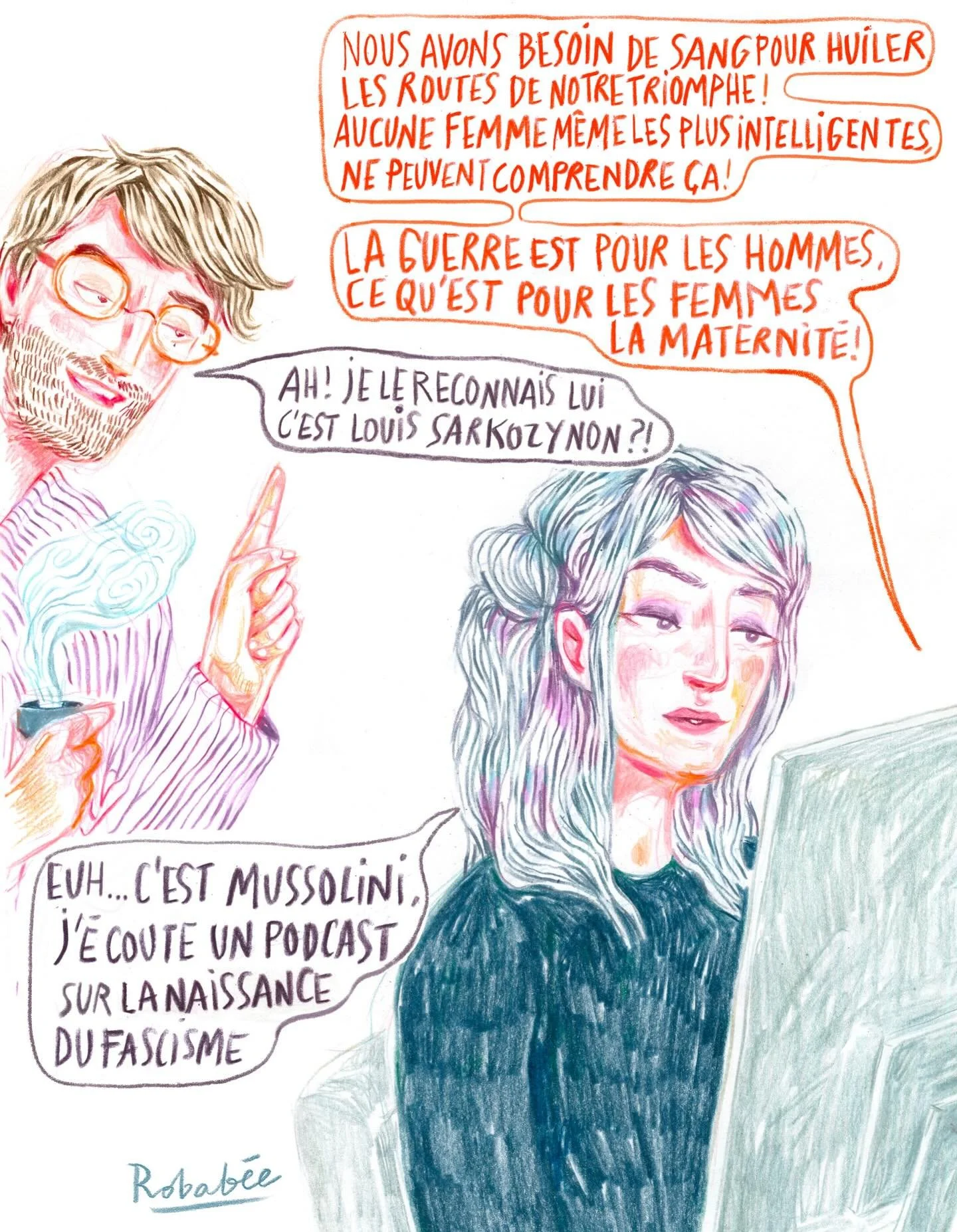 Tr&egrave;s bon podcast en tout cas ☝🏼😆 et bon  week-end #illustrationpolitique #illustrationhumoristique #dessindujour #fascismeenmarche #masculinismetoxique