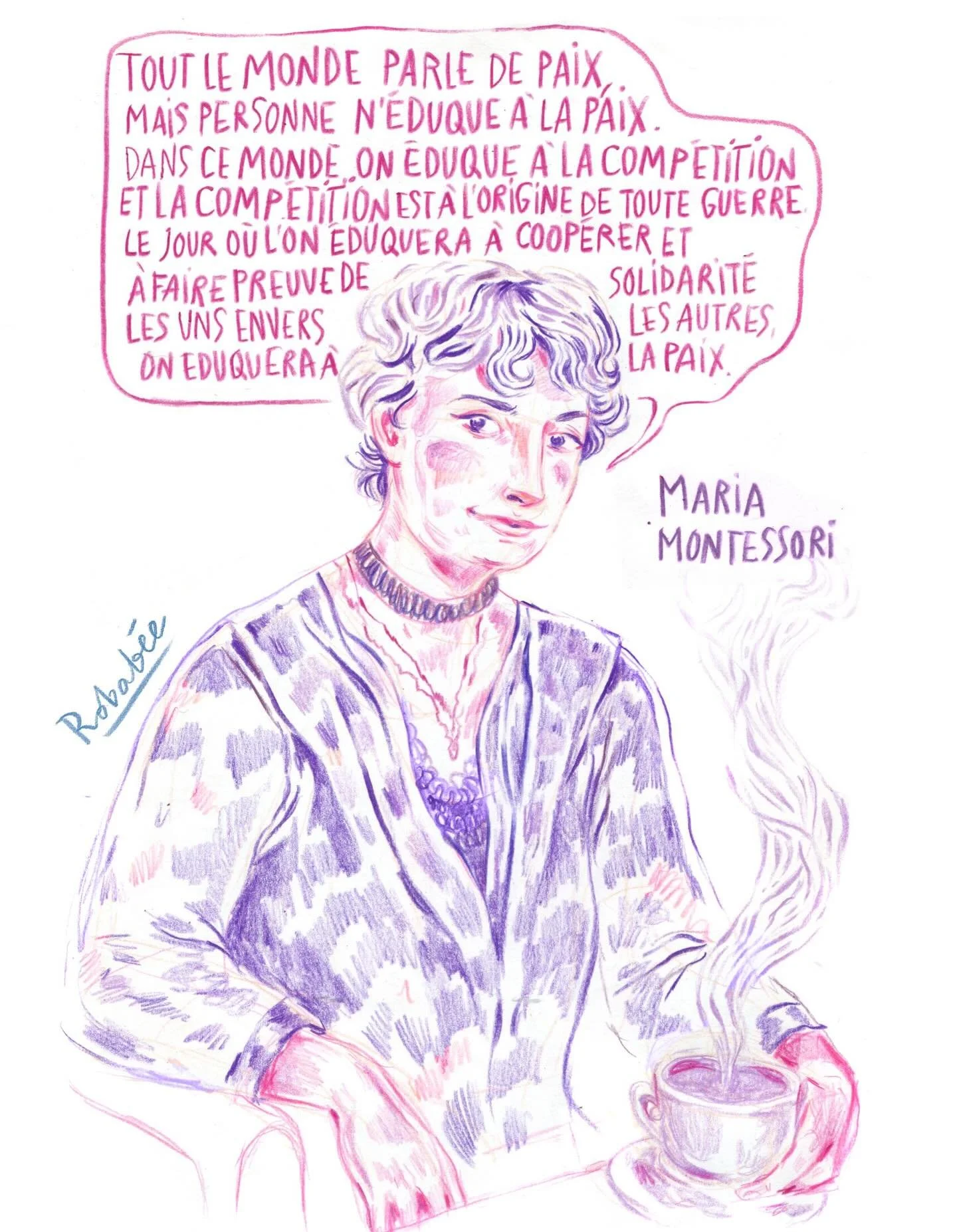 &laquo;&nbsp;Tout le monde parle de paix, mais personne n&rsquo;&eacute;duque &agrave; la paix&hellip;&nbsp;&raquo; Maria Montessori #mariamontessori #portraitillustration #citationillustr&eacute;e #portraitfemmeinspirante