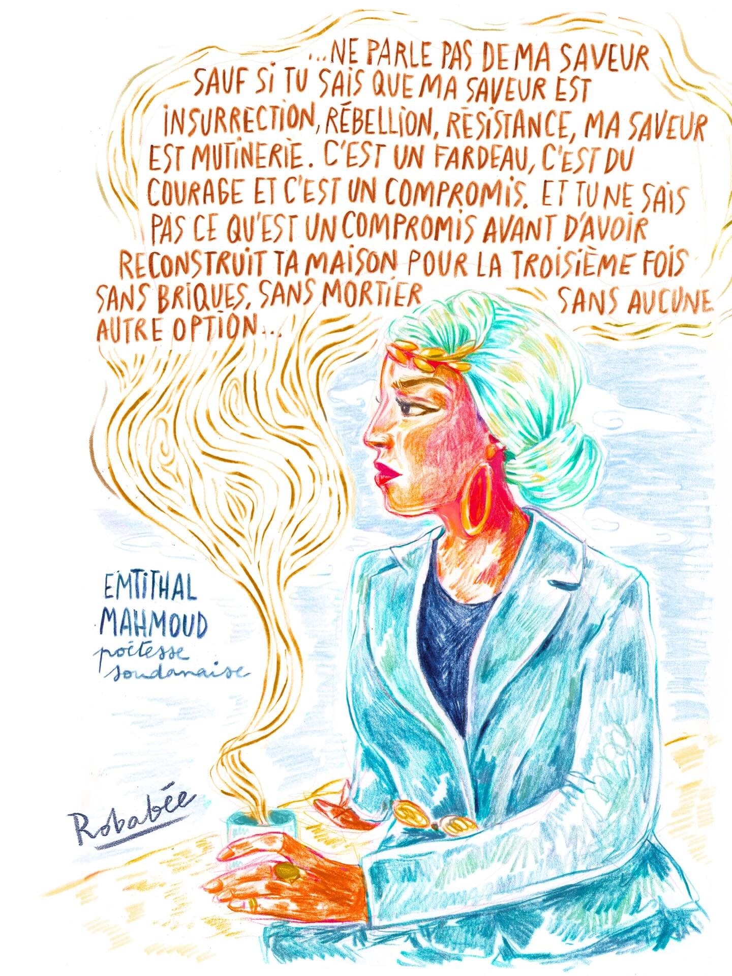 &laquo;&nbsp;&hellip;je me suis tourn&eacute;e vers l&rsquo;homme et j&rsquo;ai dit, mam&egrave;re et moi ne pouvons plus marcher seules dans les rues chez nous. Chez nous, il n&rsquo;y a plus de rues pour marcher.&nbsp;&raquo; Emtithal Mahmoud @emib