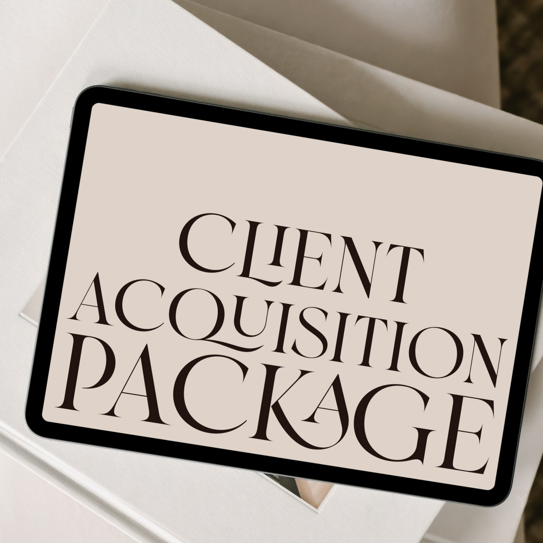 Tablet displaying the text 'Client Acquisition Package' resting on a white and beige surface.