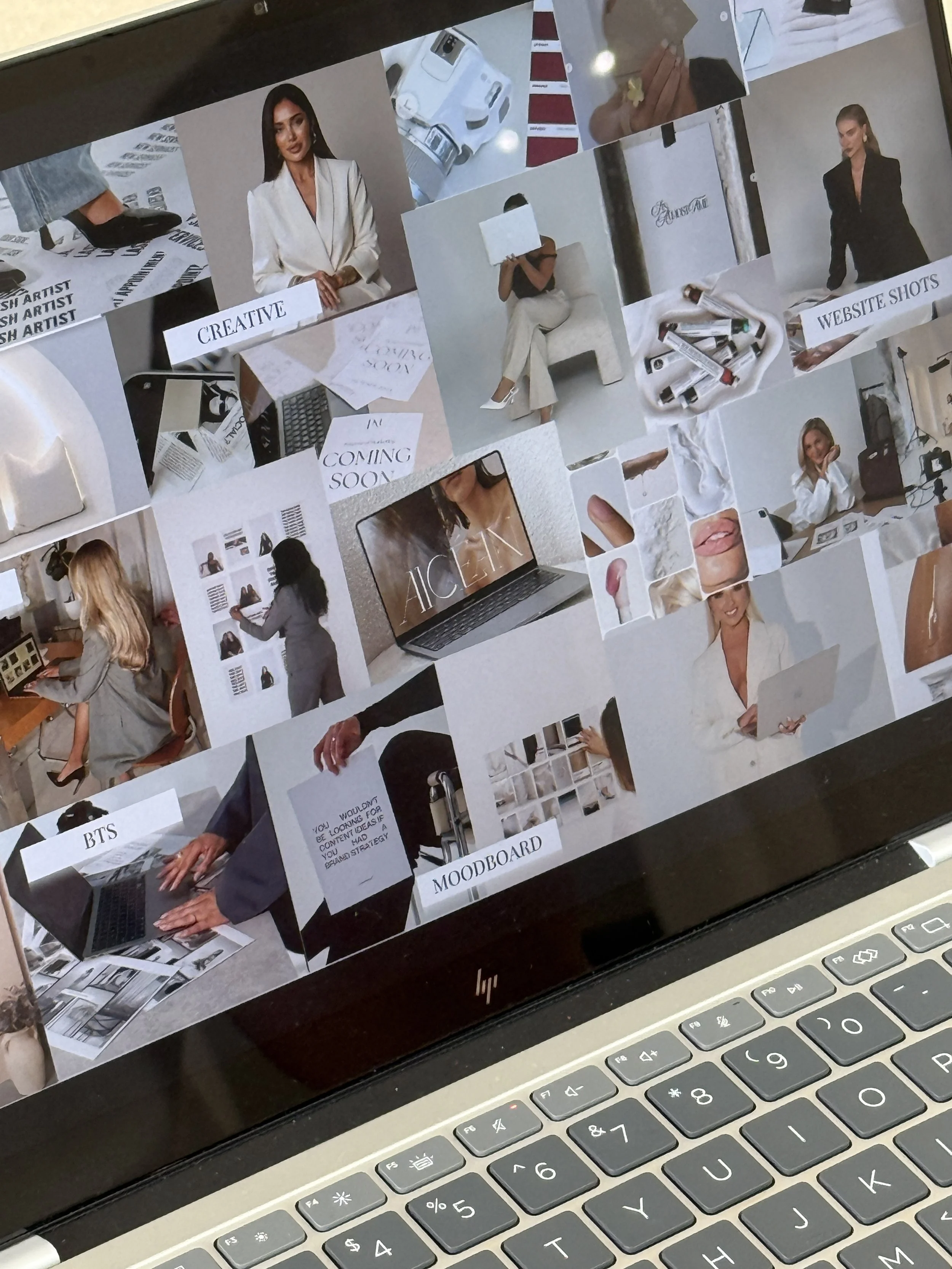 Collage of images depicting creative projects, including photos of women with laptops, mood boards, website shots, and various design materials.